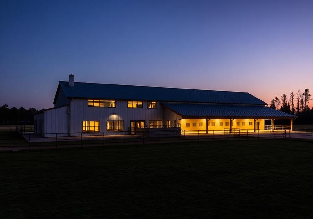 Modern equestrian facility at dusk